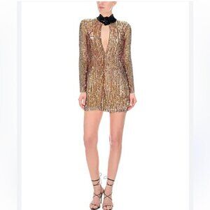 Rose gold sequins mini dress with black velvet buckle collar size medium